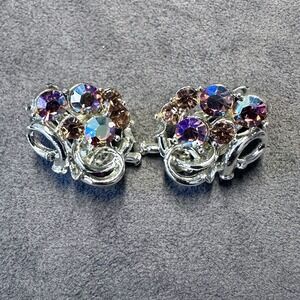 Vintage Pink Red AB Rhinestone Clip-On Earrings – Silver Tone‎ Mid-Century Glam